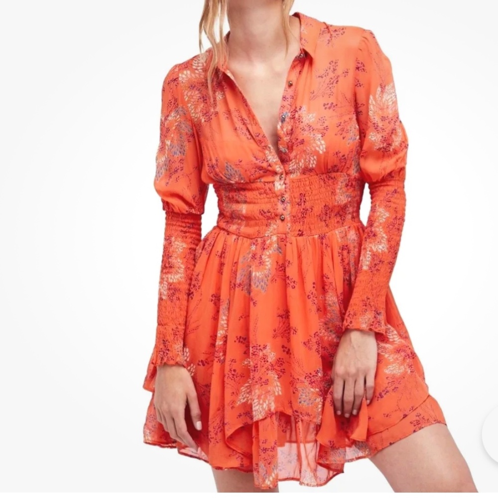 Free People Long Sleeve Smocked Mini Dress Orange XS Boho Festival Romantic